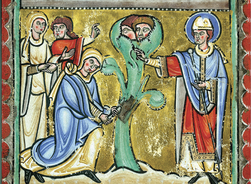 Amandus predikt: "hak om, die boom". Miniatuur uit een 12de-eeuws handschrift van de Vita Amandi