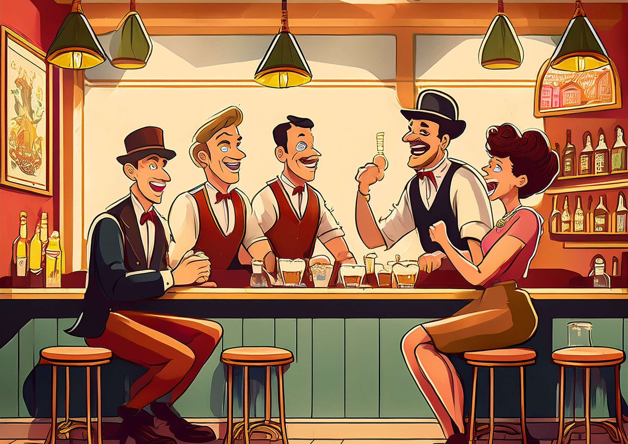 Cartoon van mensen die aan de toog luisteren naar grappen van de cafébaas