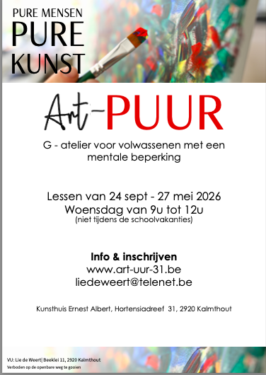 Art-PUUR is een kunstatelier voor volwassenen met een mentale beperking. We geven hen graag de kans om hun wereld te vergroten  en met kunst bezig te zijn.