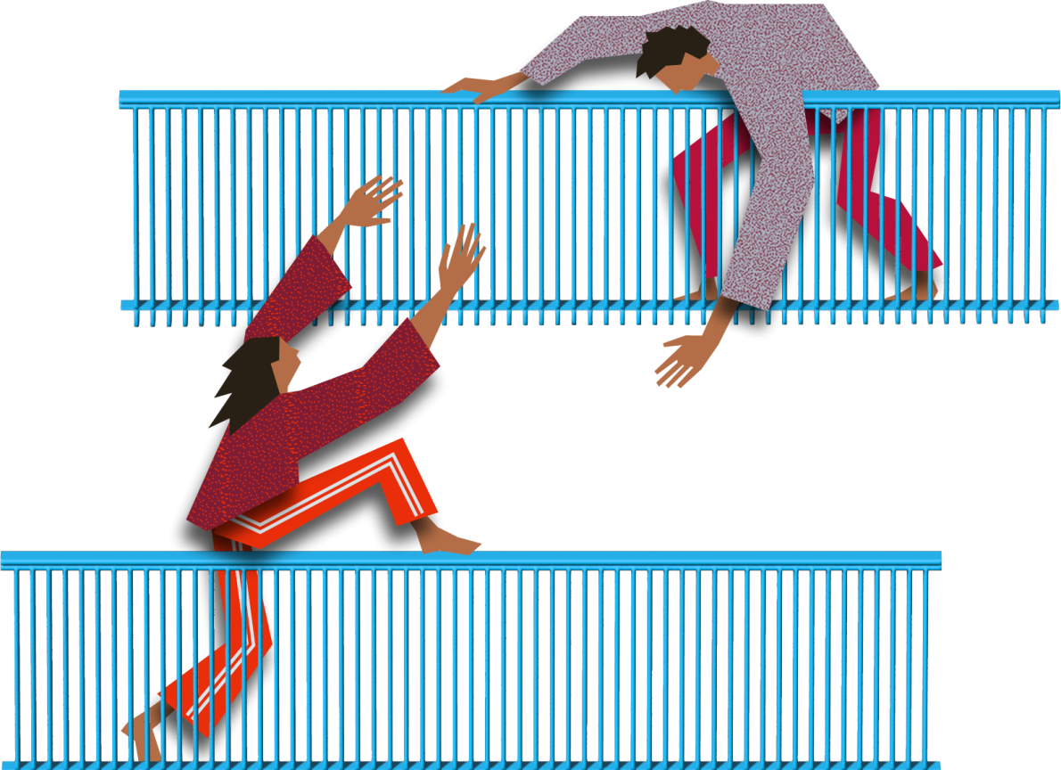 twee cartoonfiguren die elkaar de hand reiken