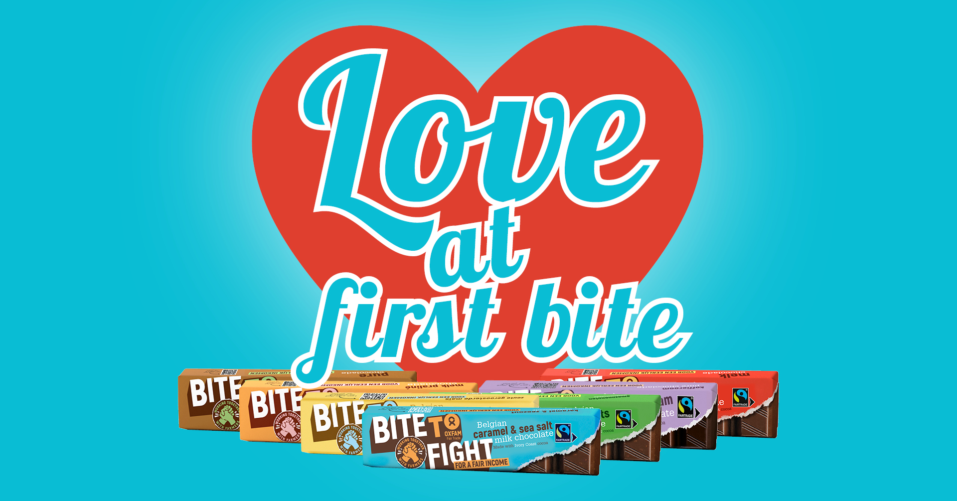 'Love at first bite' met een rood hart op de achtergrond en daaronder de verschillende Oxfam chocoladerepen.