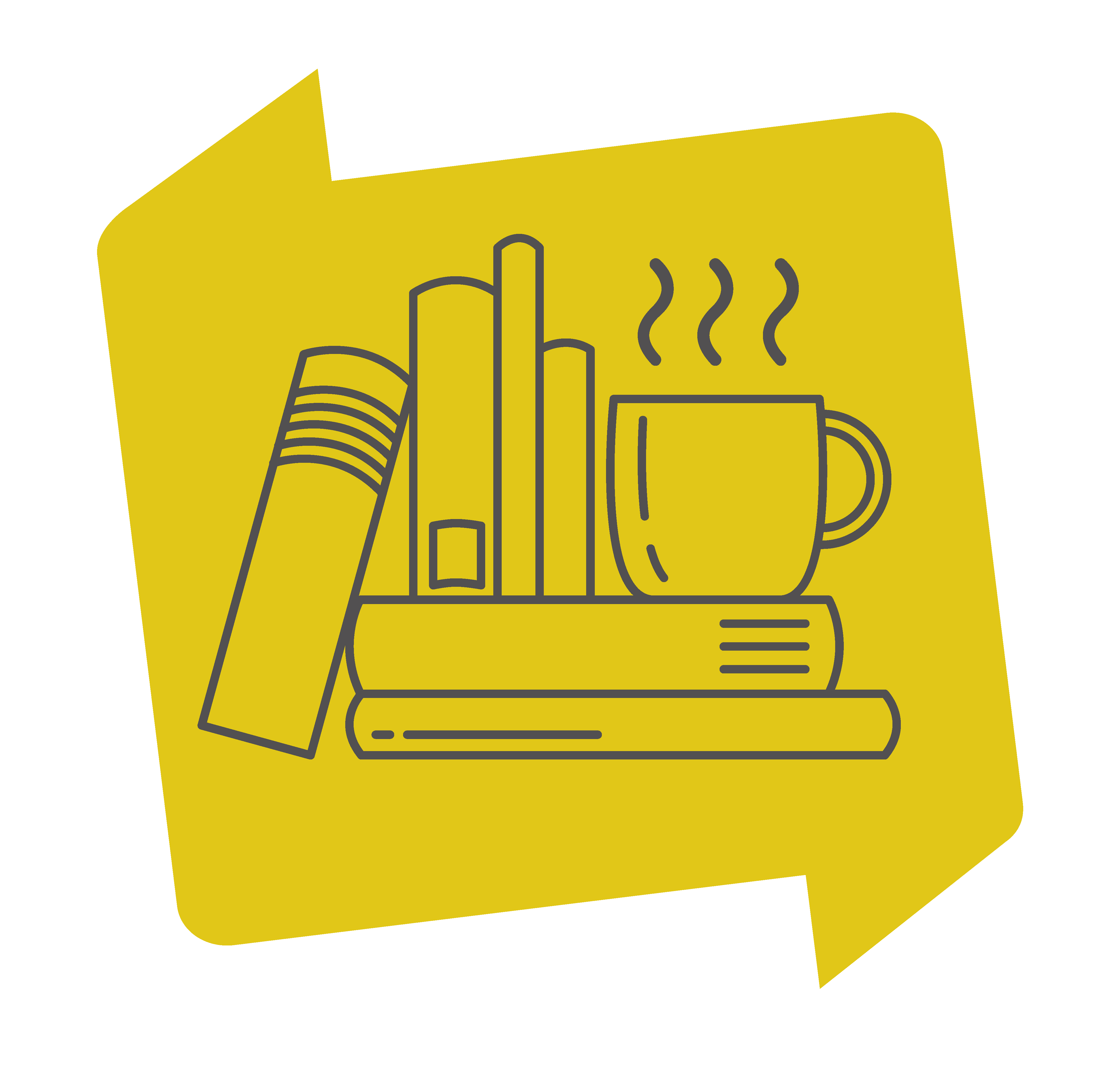 Logo van het samenlezen: een tekening van een dampende kop koffie op een stapel boeken