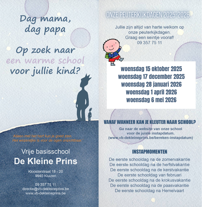 Dag mama, dag papa, op zoek naar een warme school voor jullie kindje? Van harte welkom op onze peuterkijkdag. Graag een seintje vooraf op 09 357 75 11. 