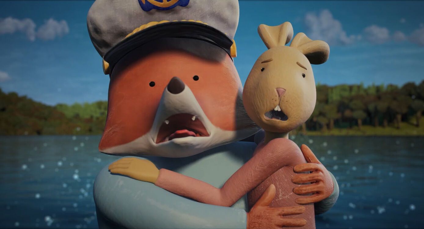 Een angstige vos en een konijn omhelzen elkaar bij het water.