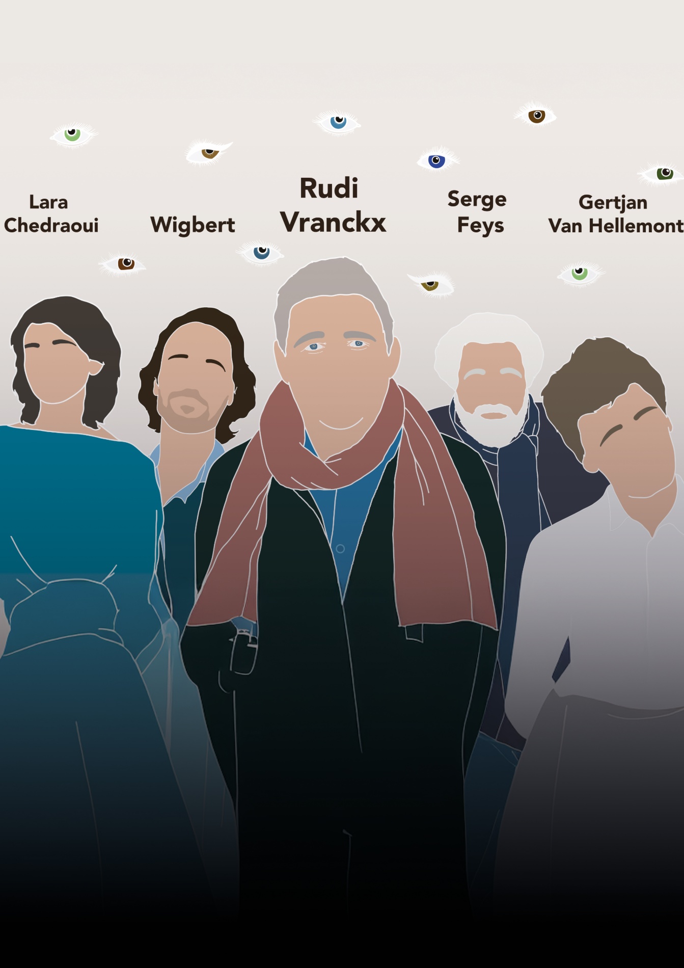 Een digitale illustratie van vijf mensen met verschillende haarkleuren en gezichtsuitdrukkingen, met boven hen verschillende ogen in diverse kleuren en stijlen. Boven elke persoon staat een naam: Lara Chedraoui, Wigbert, Rudi Vranckx, Serge Feys en Gertjan Van Hellemont.