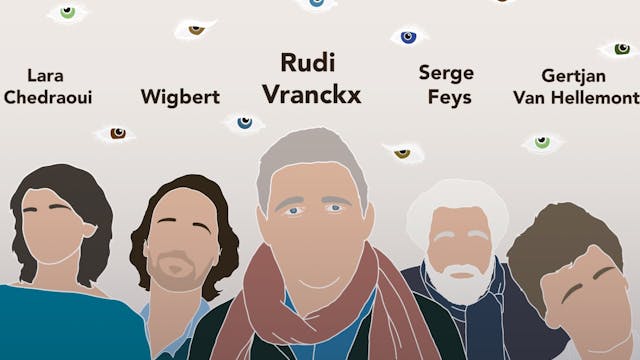 Een digitale illustratie van vijf mensen met verschillende haarkleuren en gezichtsuitdrukkingen, met boven hen verschillende ogen in diverse kleuren en stijlen. Boven elke persoon staat een naam: Lara Chedraoui, Wigbert, Rudi Vranckx, Serge Feys en Gertjan Van Hellemont.