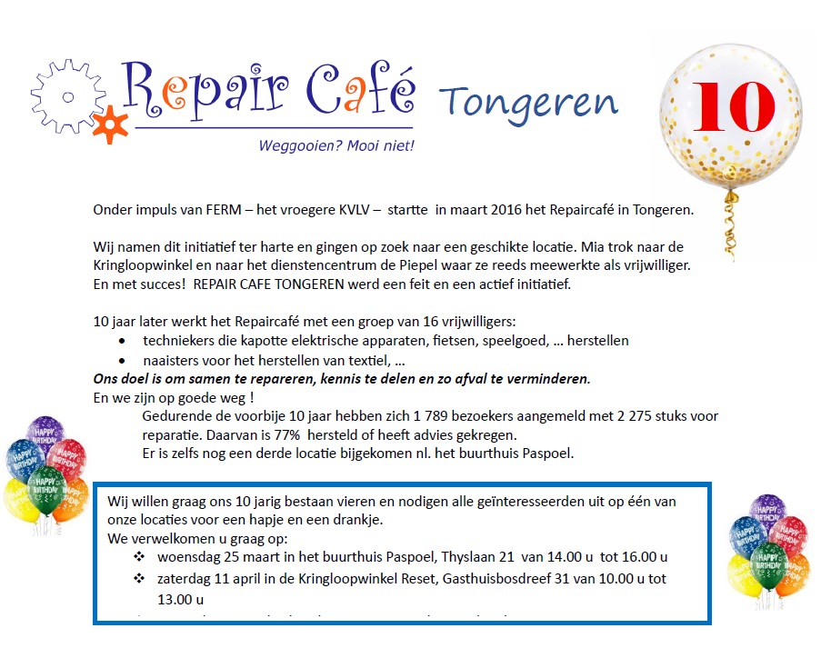 Uitnodiging : 10 jaar Repaircafé Tongeren