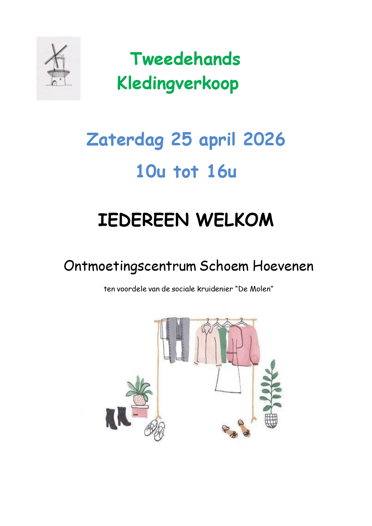Affiche tweedehandskledingverkoop 25 april 2026