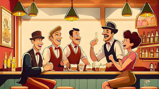 Cartoon van mensen die aan de toog luisteren naar grappen van de cafébaas