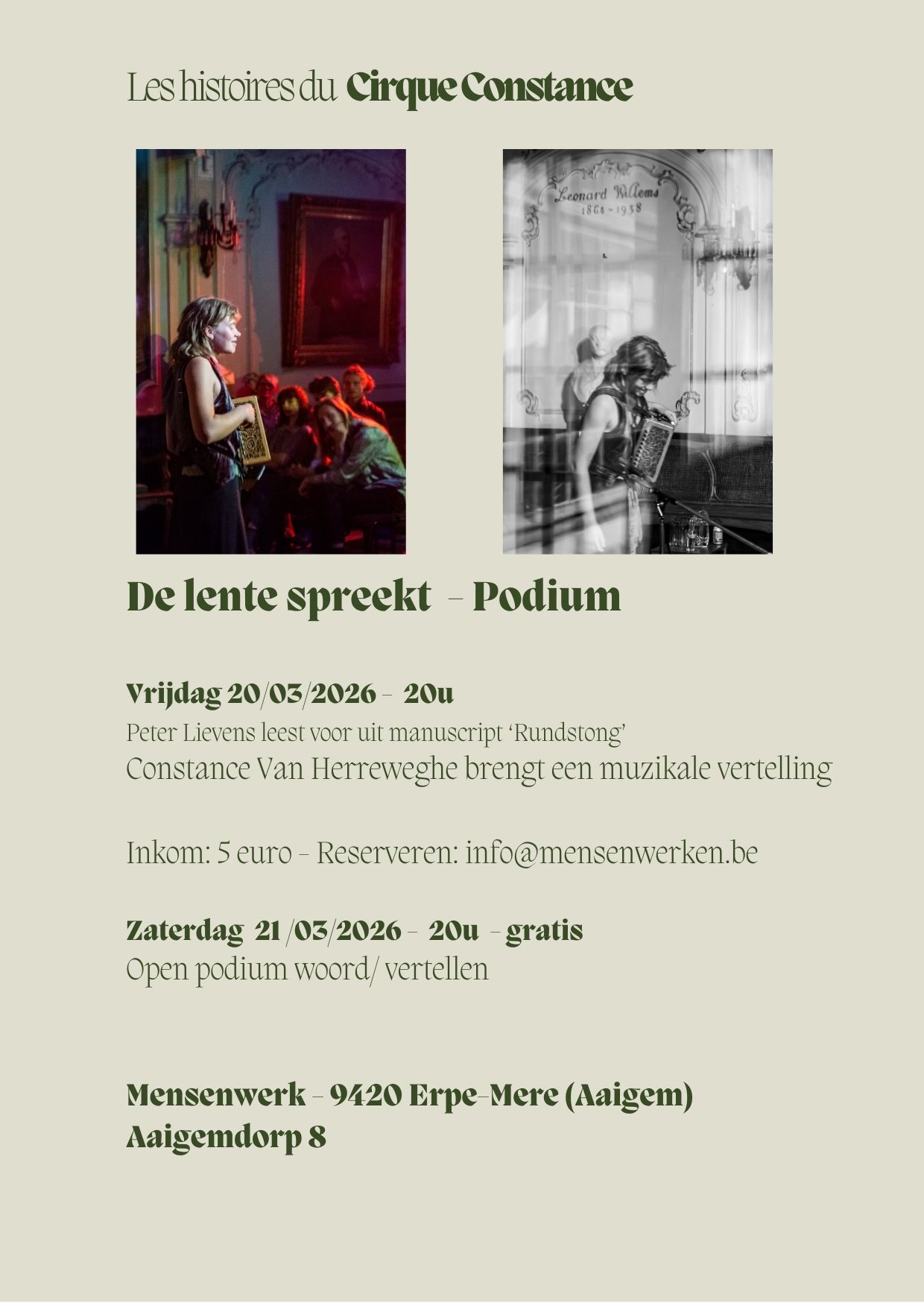 Vrijdag 20/03/2026 -  20u  Peter Lievens leest voor uit manuscript ‘Rundstong’ Constance Van Herreweghe brengt een muzikale vertelling  Inkom: 5 euro - Reserveren: info@mensenwerken.be 