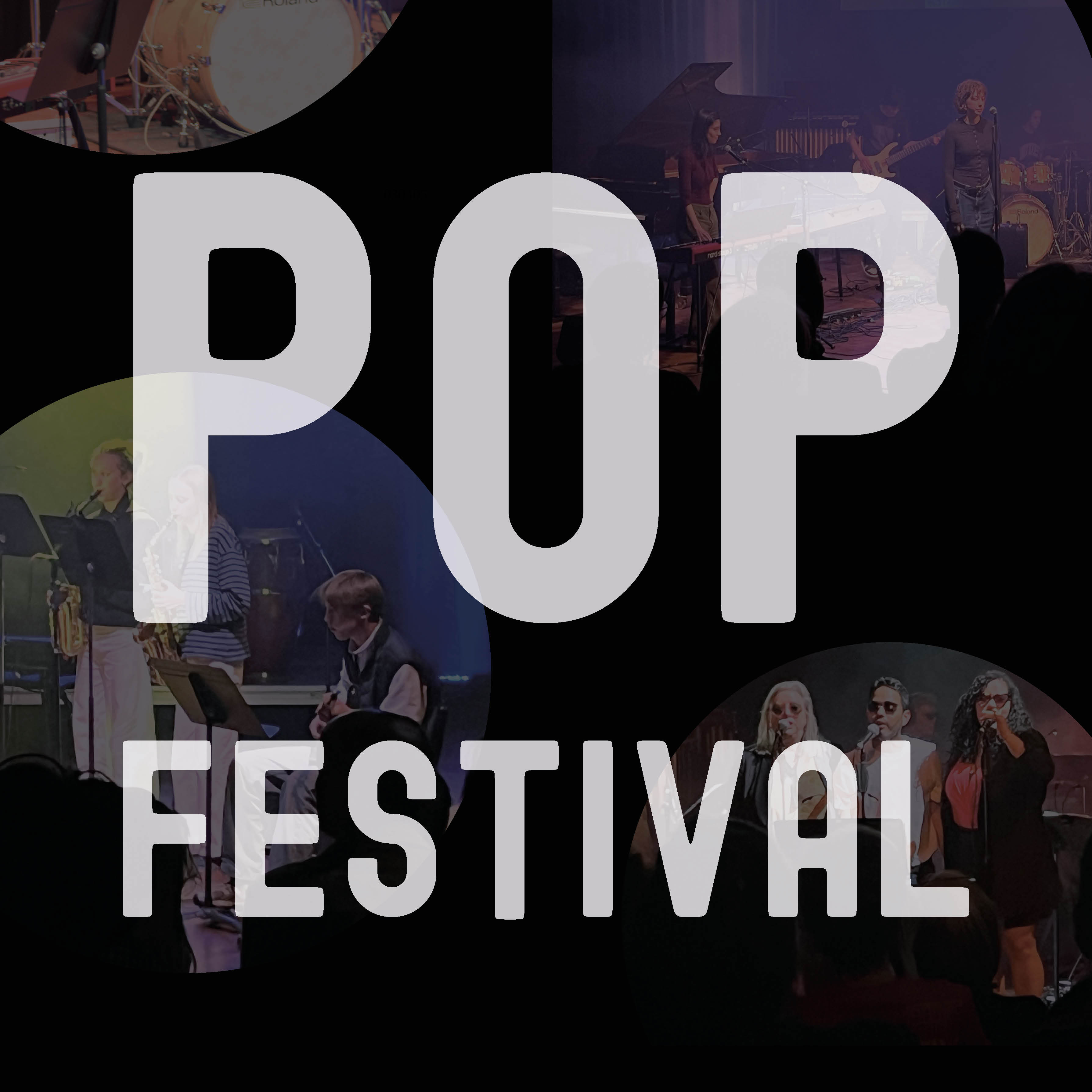 zwarte achtergrond met ronde spotlights, met daarin foto's van optredens tijdens het popfestival