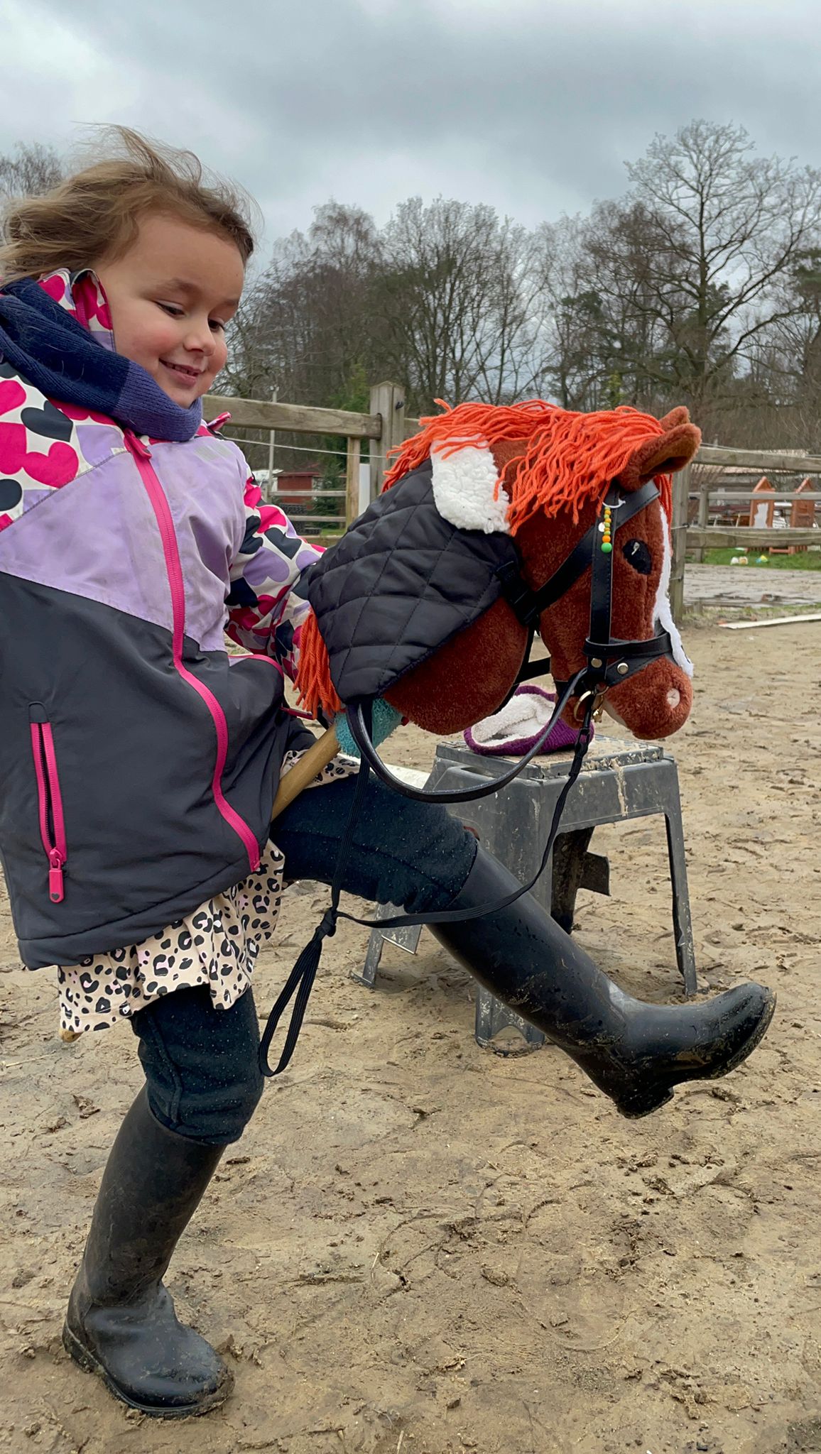 Dochter van de eigenaar op haar stokpaard