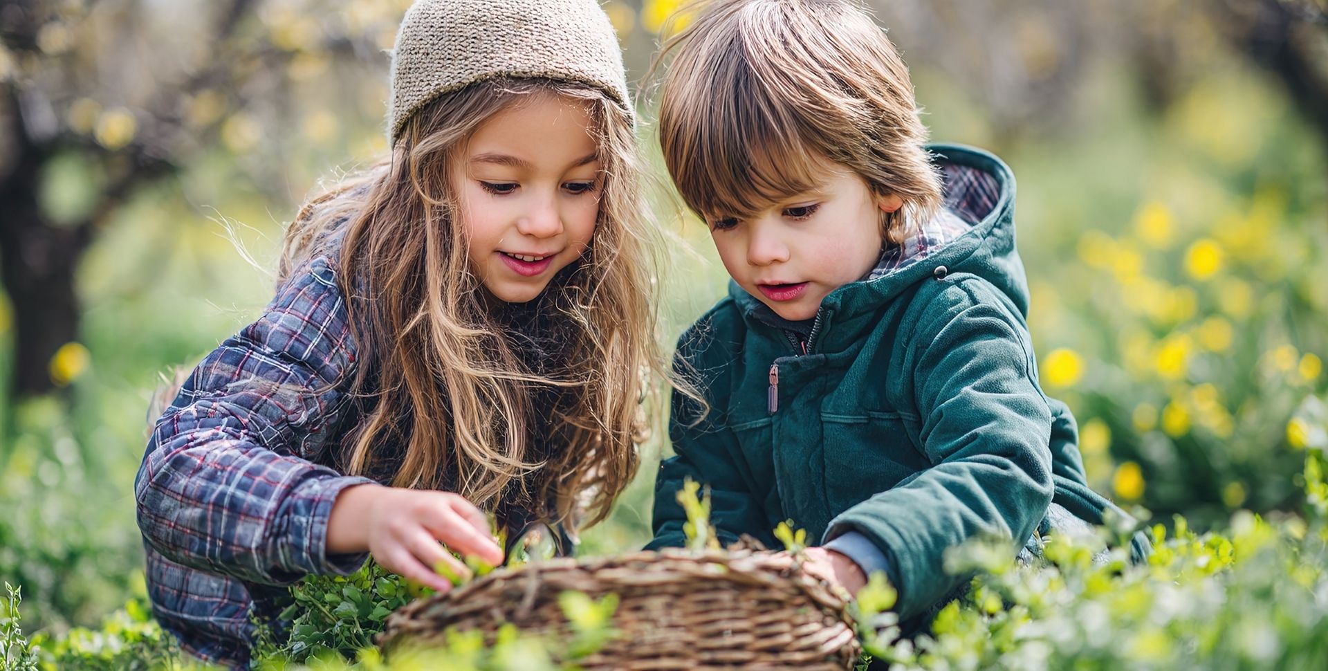twee kinderen zoeken paaseieren in een groene omgeving