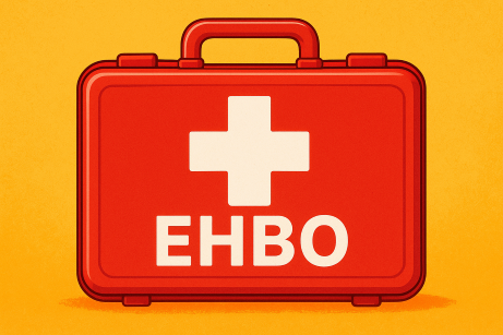 Illustratie van een rode EHBO-koffer op een oranje achtergrond.