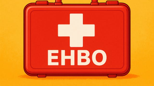 Illustratie van een rode EHBO-koffer op een oranje achtergrond.