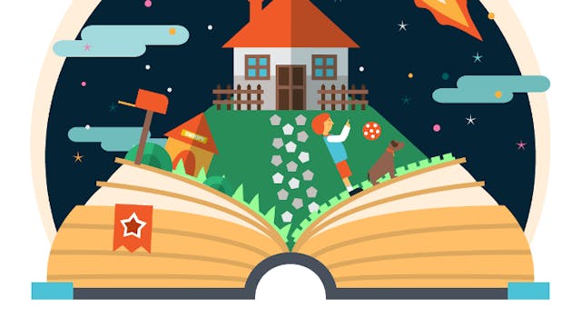 een open boek met daarin een huis tuin en raket