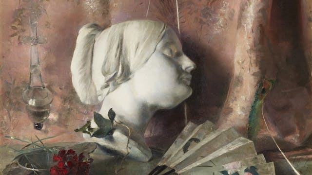 Berthe Art, Stilleven met waaier, dodenmasker en pauwenveer