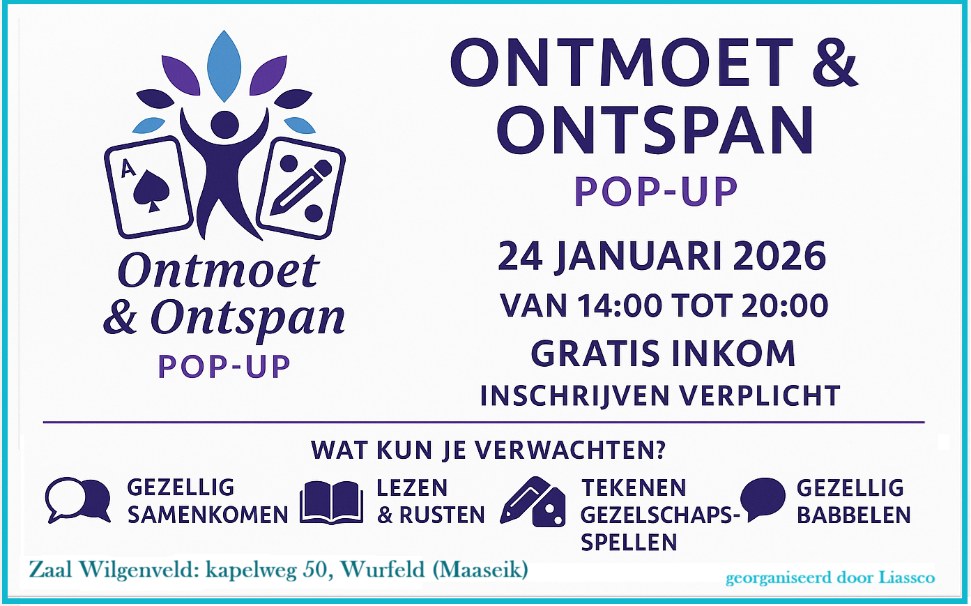 Een gezellige, laagdrempelige ontmoetingsdag zonder verplichtingen. Kom spelen, tekenen, lezen, puzzelen of gewoon rustig babbelen. Alles mag, niets moet. Ideaal voor wie sociaal contact zoekt in een ontspannen sfeer.