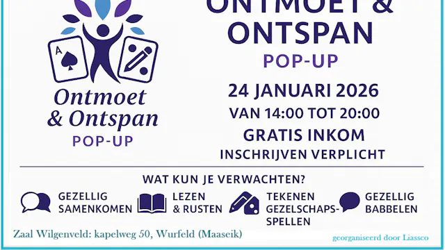 Een gezellige, laagdrempelige ontmoetingsdag zonder verplichtingen. Kom spelen, tekenen, lezen, puzzelen of gewoon rustig babbelen. Alles mag, niets moet. Ideaal voor wie sociaal contact zoekt in een ontspannen sfeer.