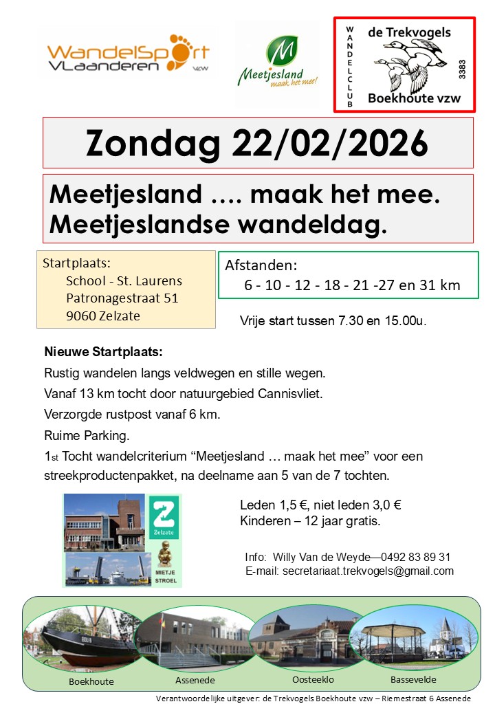 Rustig wandelen langs stille wegen, verhard en onverhard. Vrije start tussen 7u30 en 15 uur. Einde evenement om 17 uur. 