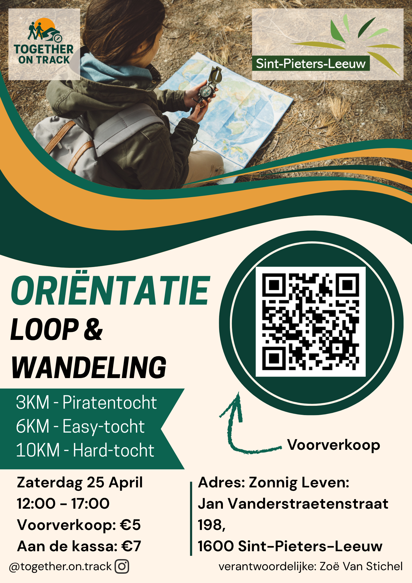 Doe mee aan de oriëntatieloop & wandeling in Sint-Pieters-Leeuw! Kies uit 3, 6 of 10 km. Zaterdag 25 april van 12u tot 17u. Voorverkoop €5, aan de kassa €7. Scan de QR-code en schrijf je in voor dit sportieve avontuur!