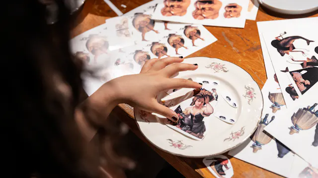 Iemand versiert een eetbord in de stijl van Bruegel.