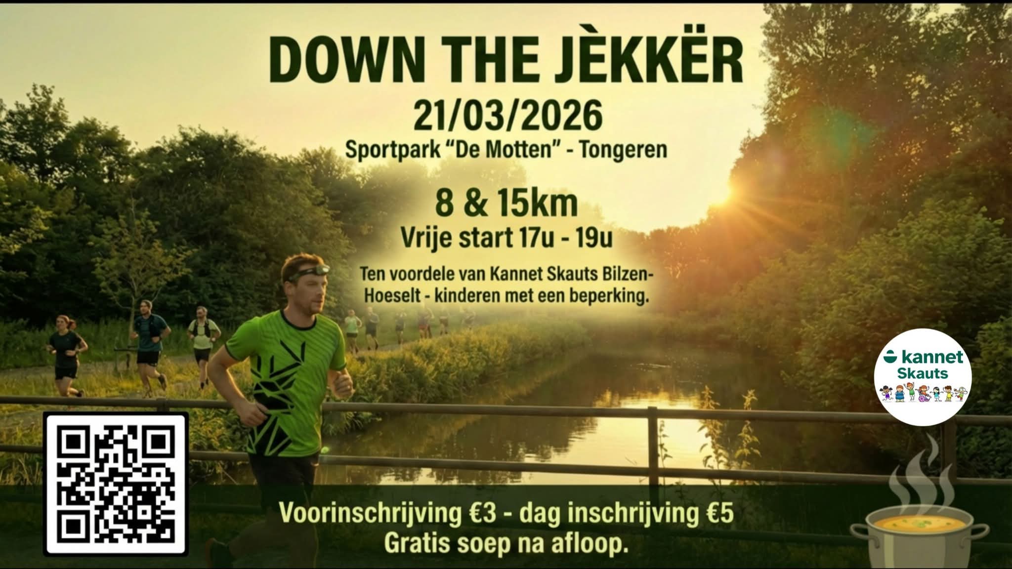 🏞️ DOWN THE JÈKKËR – Social Trailrun 📅 21 maart 2026 📍 Sportpark “De Motten”, Tongeren 🤝 Organisatie: Jèkkërmeisters i.s.m. ADD Tongeren 