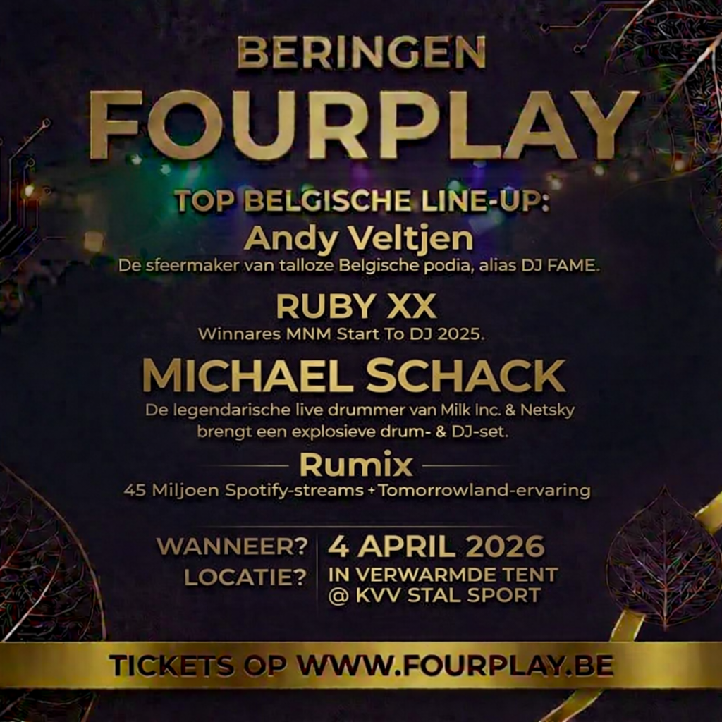 FOURPLAY 4 april 2026. Fuif - Party - LIVE DJ's. Line up: DJ Andy Veltjens - RUBY XX - MICHAEL SCHACK - RUMIX
