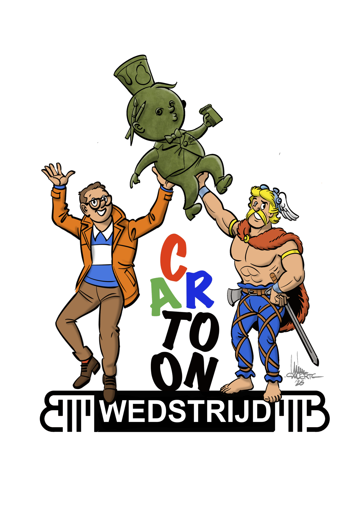 Logo cartoonwedstrijd met Ambiorix en 'Markske' uit de FC De Kampioenenstrips, die samen het Stroopmenneke omhoogtillen