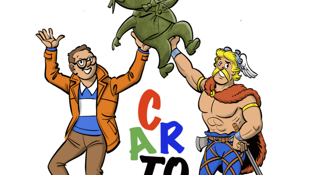 Logo cartoonwedstrijd met Ambiorix en 'Markske' uit de FC De Kampioenenstrips, die samen het Stroopmenneke omhoogtillen