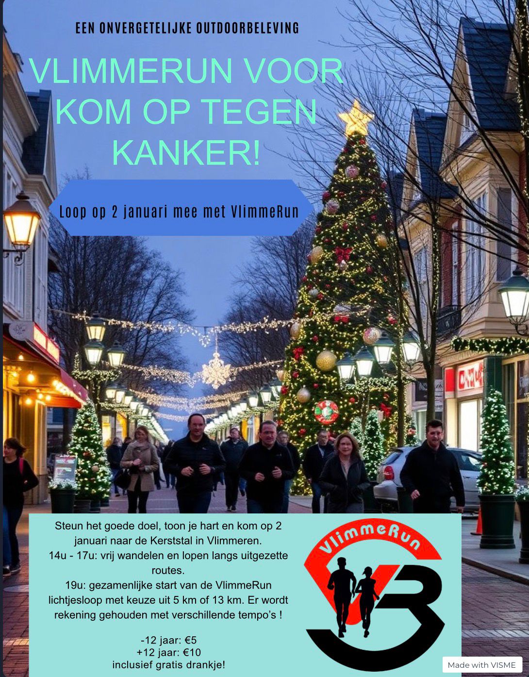 Wandelen of lopen voor het goede doel.  Wandel of loop zelfstandig onze uitgestippelde route van 5 of 13km. Of sluit je aan bij de Warmste lichtjesloop om 19u voor een gezamenlijke run van 5 of 13km