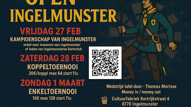 OPEN INGELMUNSTER '26. Een 3 daags evenement met op vrijdag het kampioenschap van ingelmunster , waar we de jeugd, vrouwelijke en mannelijke kampioen kronen. Op zaterdag het koppeltoernooi met zuipbeker en op zondag enkeltoernooi