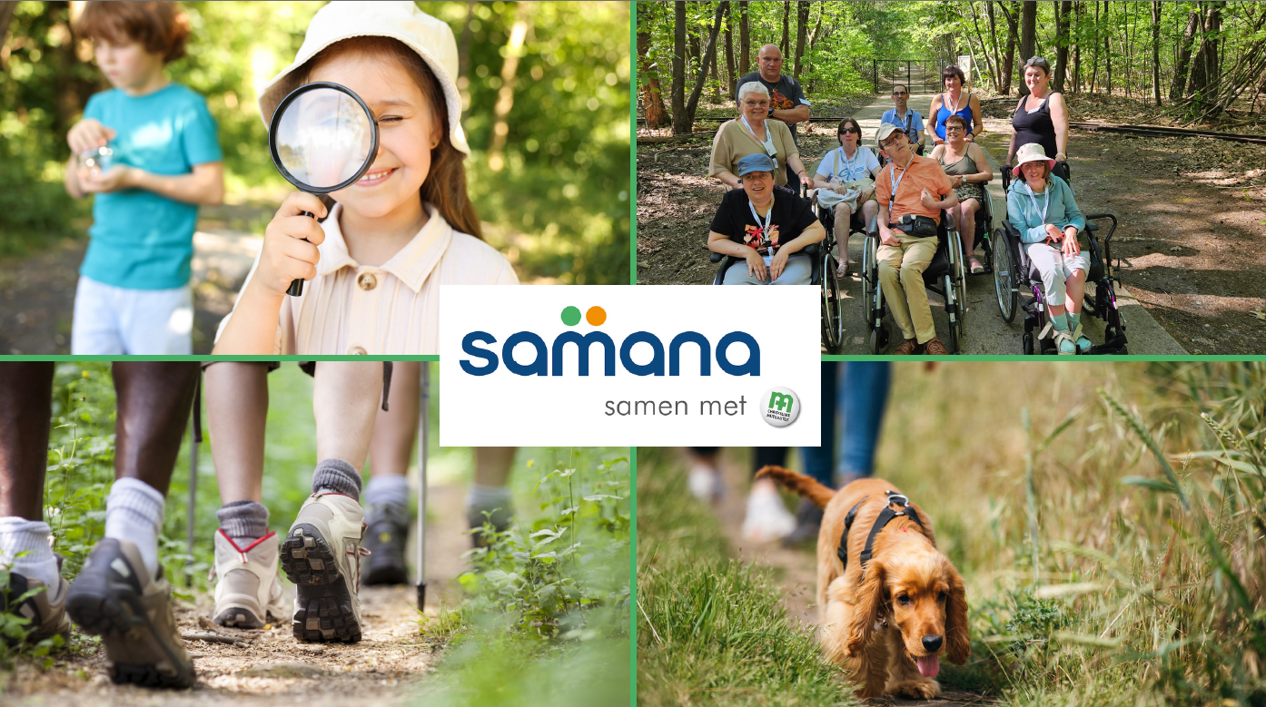 Mensen die wandelen met hond & kindje dat zoekt.