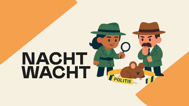 Affiche van De Nacht Wacht | Een tekening van een vrouwelijke en mannelijke speurder staan bij een dode bosmuis