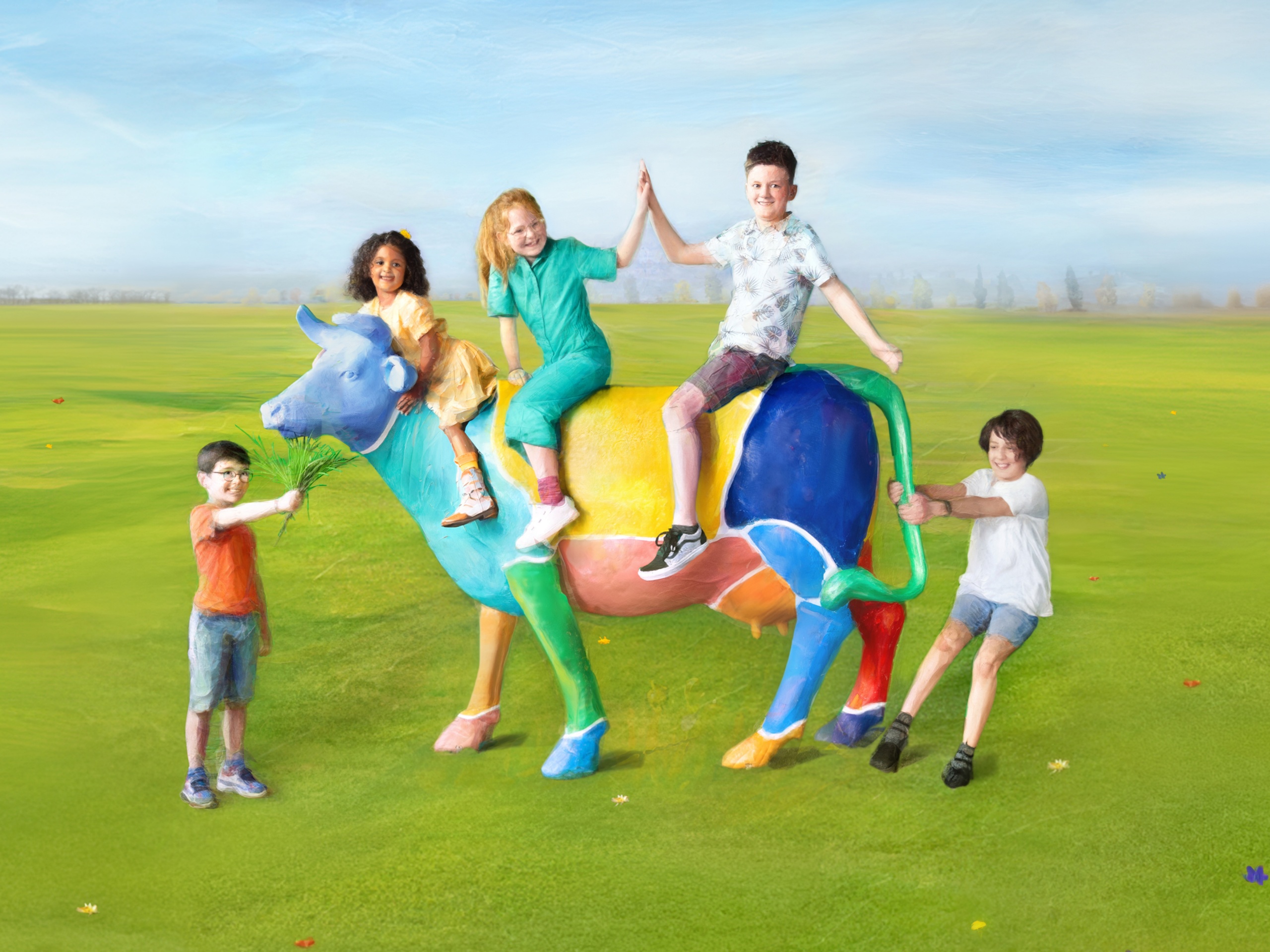 Vijf kinderen spelen buiten met een kleurrijke koe, twee zitten erop, een geeft gras, een trekt aan de staart.