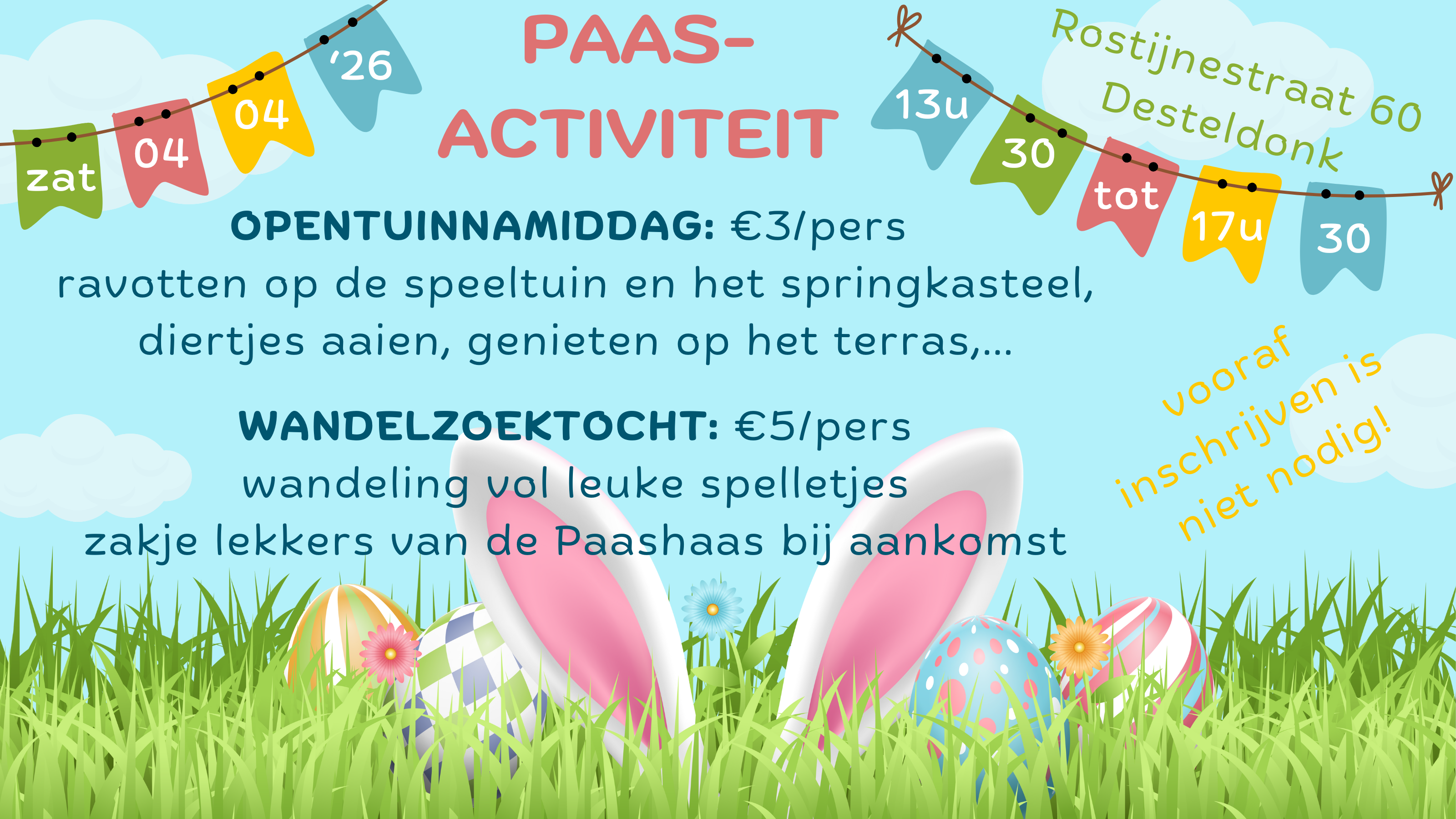 Kom je ravotten in onze tuin en diertjes aaien? Misschien loopt de Paashaas er ook wel rond... Wil je tussendoor ook even op wandelzoektocht? Dat kan! Inschrijven is niet nodig.