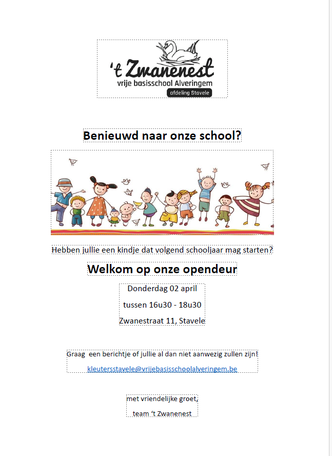 📢 Opendeuravond 2 april – VBS ’t Zwanenest  Op zoek naar een warme, groene school met ervaringsgericht leren? Kom langs!  Kan je niet op 2 april? Maak een afspraak via directie@vrijebasisschoolalveringem.be