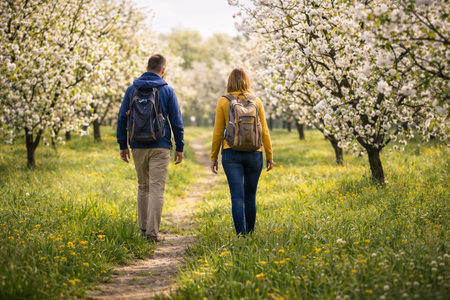 2 mensen wandelen in een boomgaard