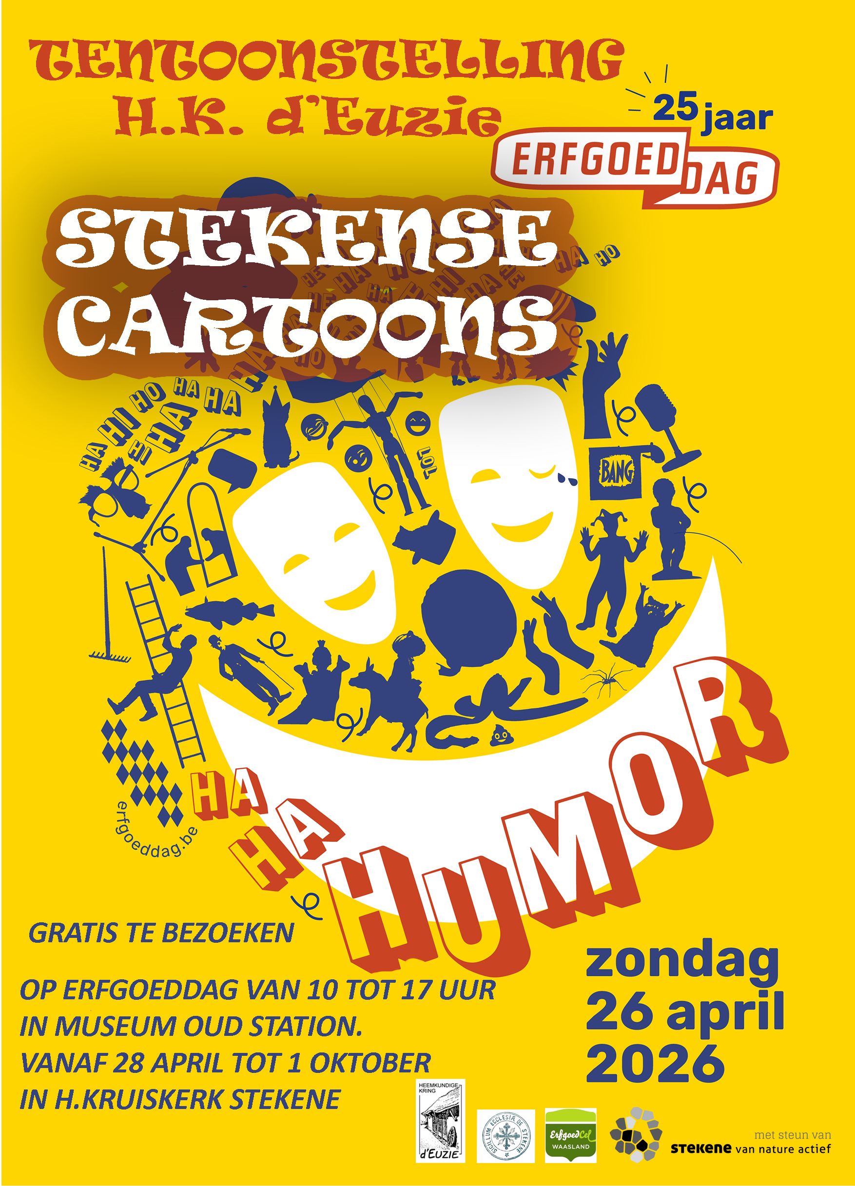 Stekense cartoons  Vroeger werd berichtgeving over belangrijke en minder belangrijke Stekense gebeurtenissen in de krant en ook in ons eigen d’Euzie tijdschrift soms aangevuld met een tot de verbeelding sprekende cartoon. Vaak waren die prenten humoristisch, dikwijls spottend, soms ook wrang.  Op erfgoeddag tonen wij in onze eigen tentoonstellingsruimte in het Oud Station een selecte groep cartoons over Stekene.   Daarna, van 28 april tot 1 oktober, krijgt de tentoonstelling in een meer uitgebreide versie e