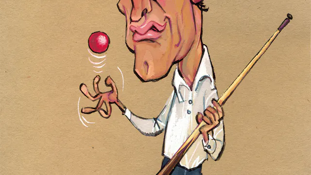 Een gekleurde karikatuur van Paul Newman, met een stok in zijn hand. Met zijn andere hand gooit hij een rode bal omhoog. Tegen een bruine achtergrond.