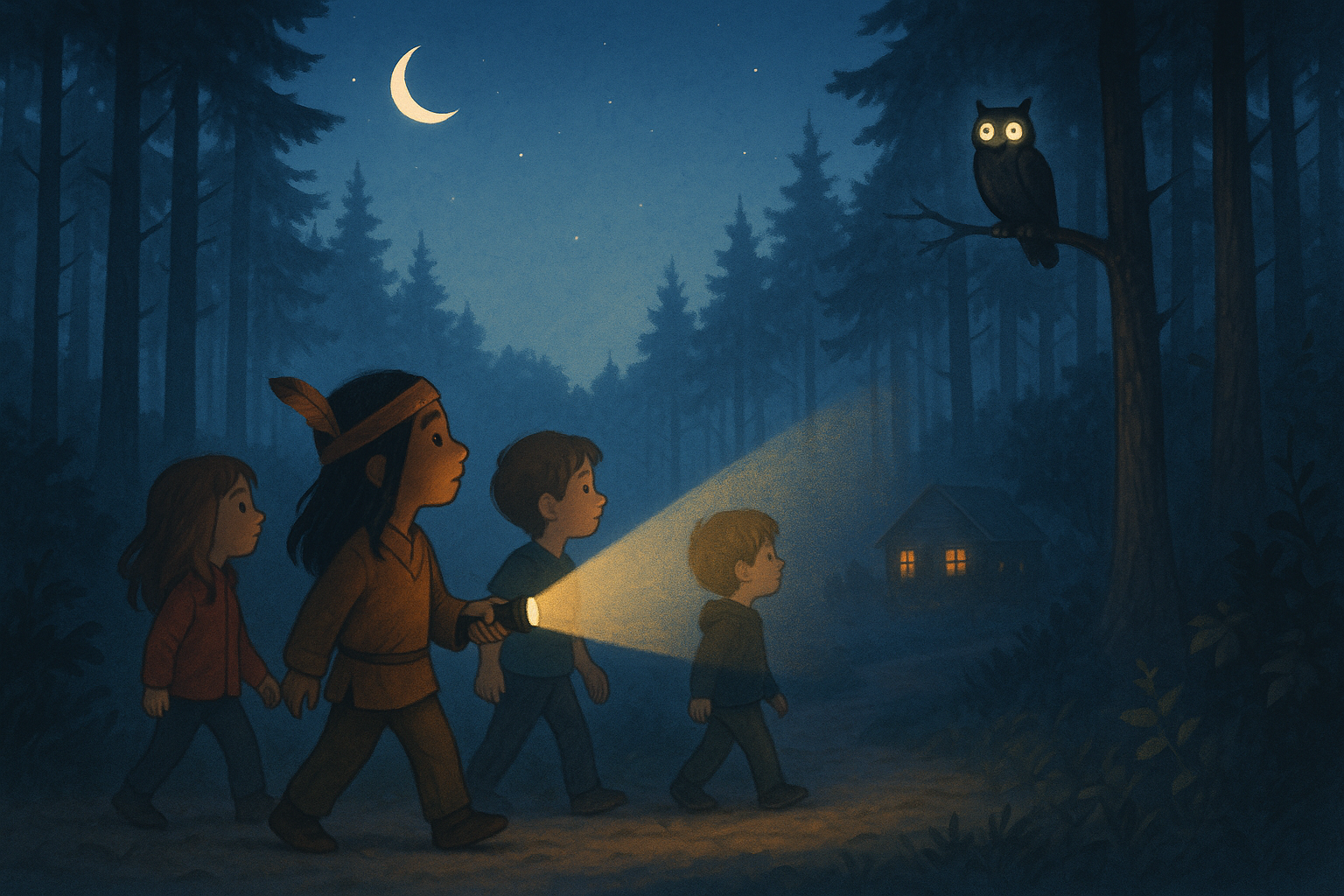 Winterse speurtocht vol magie: kinderen volgen Tala’s pad vanaf The Old Farm, zoeken met een zaklamp naar reflecterende uilenogen, vinden aanwijzingen en tekenen vangsten op hun kaart. Avontuurlijk en warm.