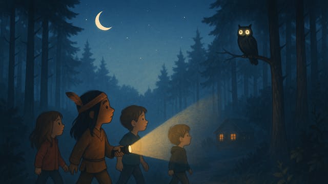 Winterse speurtocht vol magie: kinderen volgen Tala’s pad vanaf The Old Farm, zoeken met een zaklamp naar reflecterende uilenogen, vinden aanwijzingen en tekenen vangsten op hun kaart. Avontuurlijk en warm.