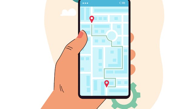 Hand of cartoon person holding cell phone with map application