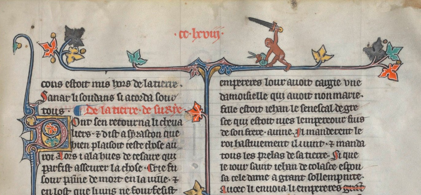 Middeleeuwse randversiering met aap die een slak te lijf gaat