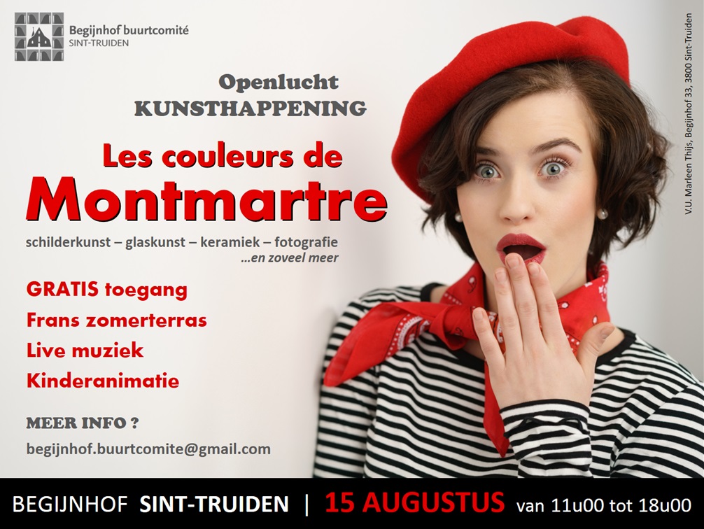 Op 15/8/2019 toveren we het Begijnhof om tot een schilderachtig Parijs pleintje waar kunstenaars hun werken tentoonstellen, waar Franse chansons klinken, met een gezellig terrasje. Inschrijving als deelnemende kunstenaar is gratis.