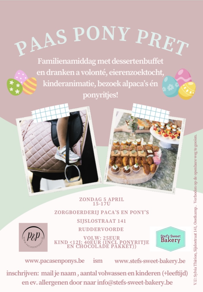 Familie namiddag die geschikt is voor iedereen!  Een namiddag met een groot dessertbuffet en allerlei dranken A VOLONTE! Ponyritjes voor de kindjes, kennismaking met de alpaca’s, een super leuke paaszoektocht in het stro en allerlei animatie! 