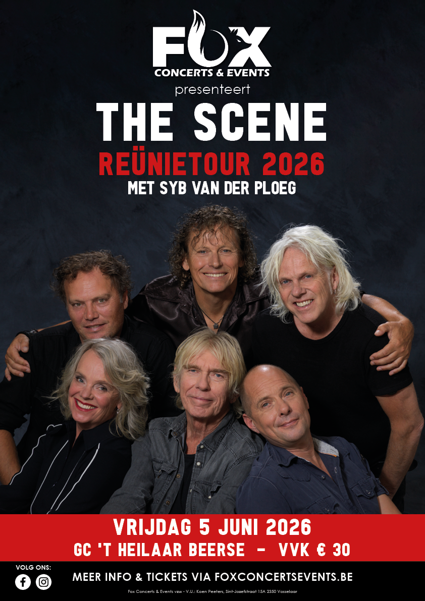 The Scene – De Tijd Is Nu  Na tien jaar stilte is The Scene terug. De legendarische band achter Nederlandstalige rockklassiekers als Blauw, Iedereen is van de wereld en Open staat in 2026 weer op het podium — met de originele bandleden 