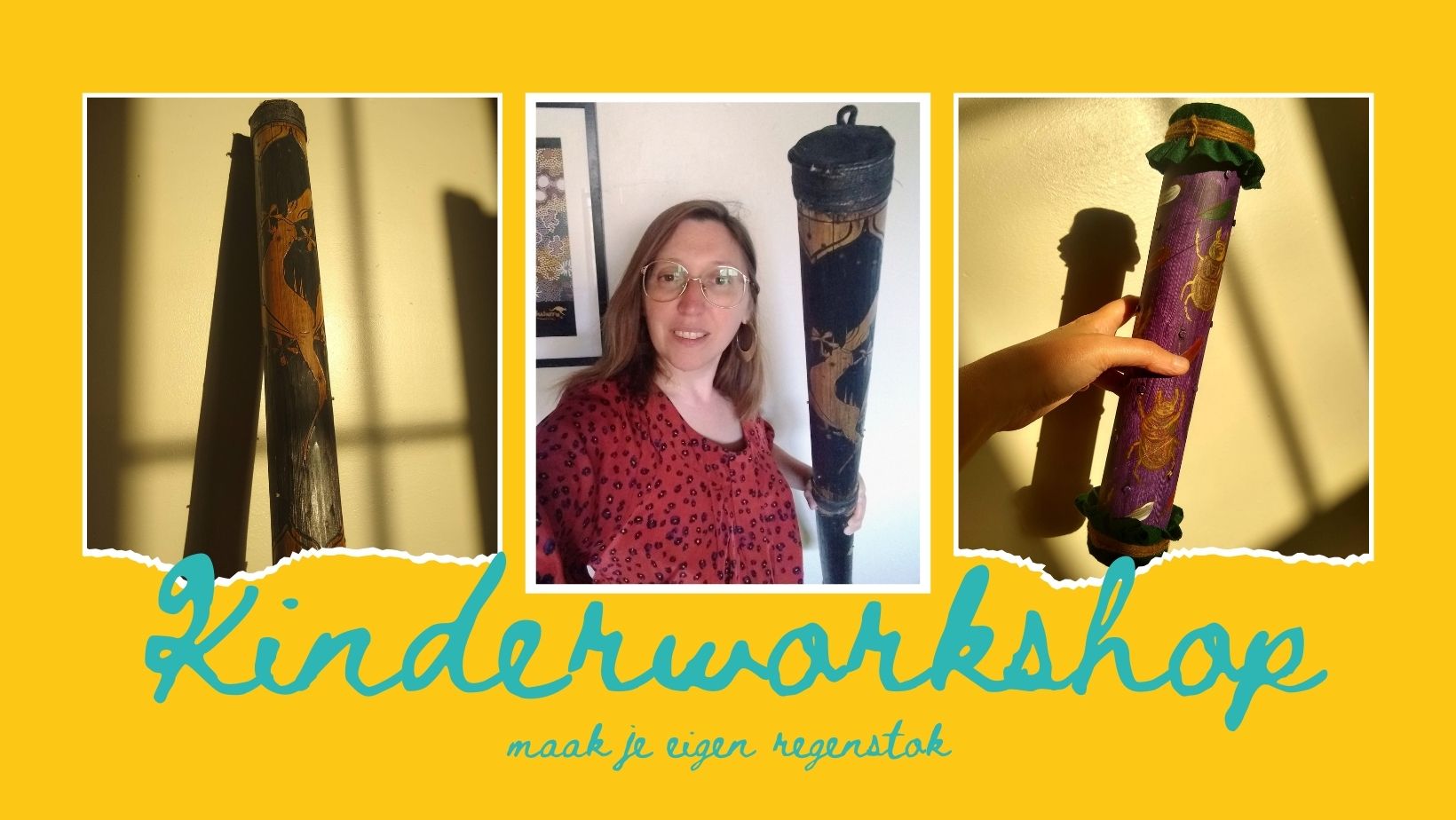 Banner met enkele voorbeelden van regenstokken + organisator Sophie
