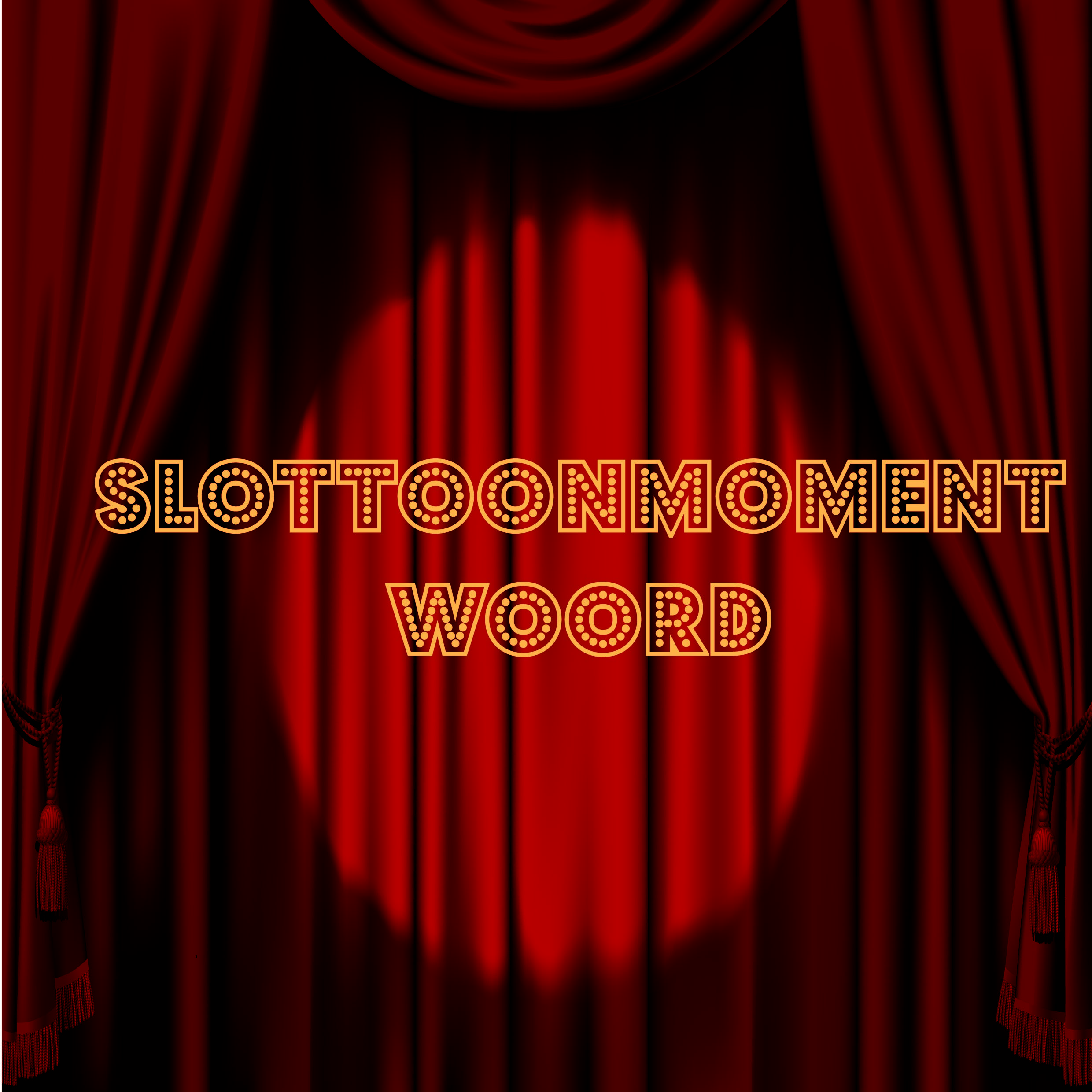 Rood gesloten theaterdoek met spotlight erop. In gele licht letters slottoonmoment woord