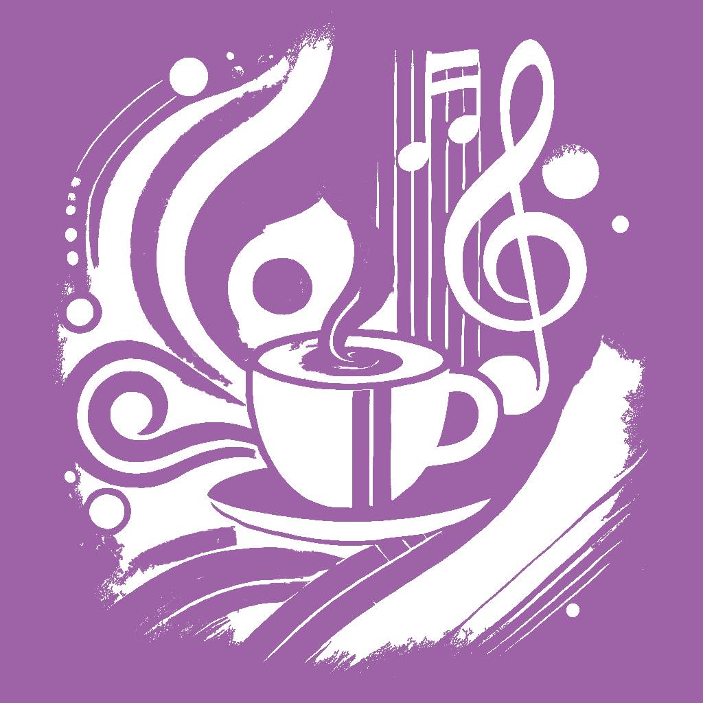 paarse achtergrond witte illustratie koffiekop en muzikenoten